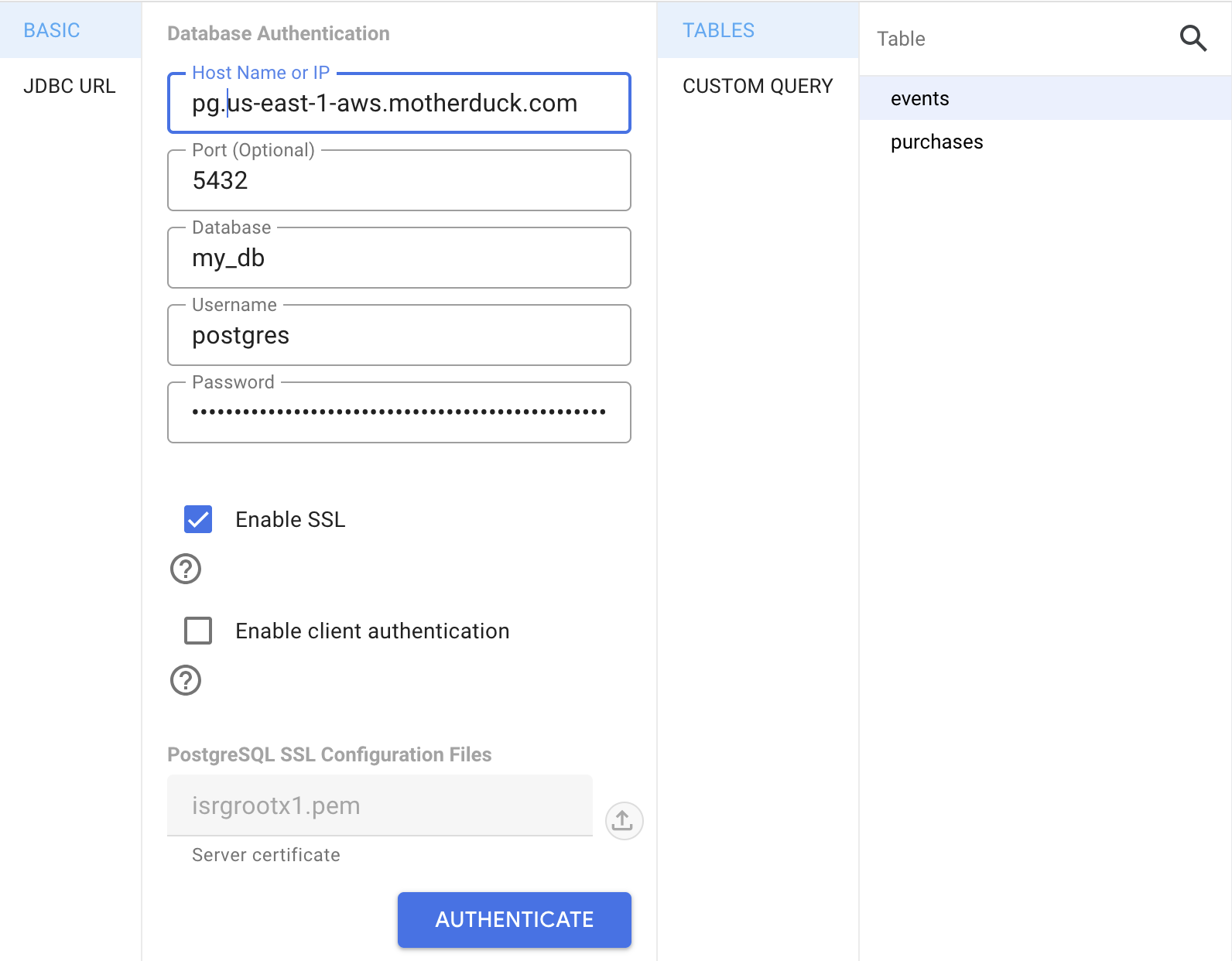 Data Studio PostgreSQL connection form with host, port, database, username, password, SSL enabled, and a server certificate uploaded