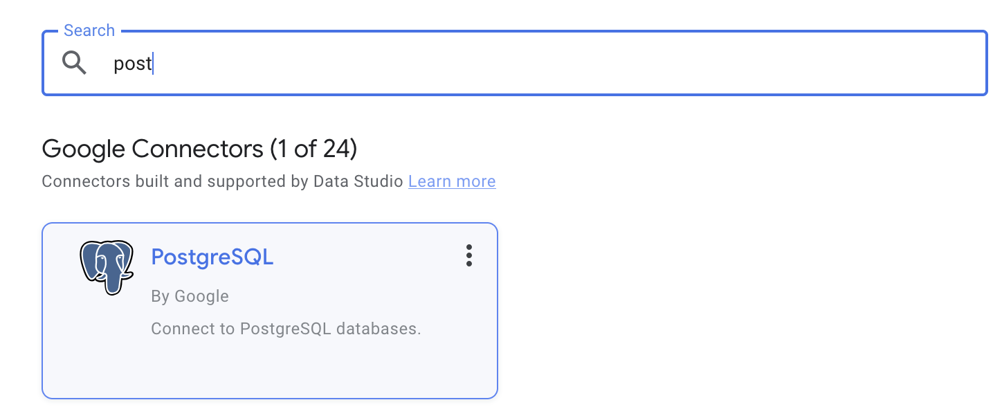 Data Studio connector gallery with the Google PostgreSQL connector selected