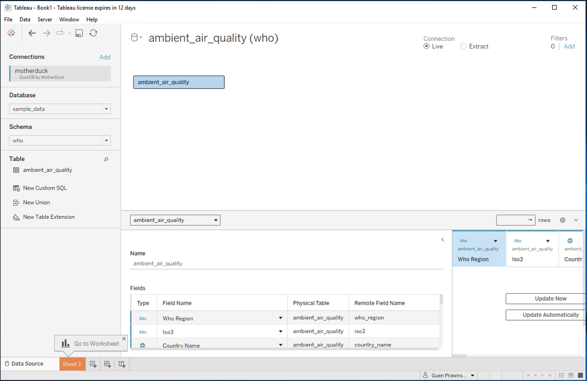 Tableau worksheet with MotherDuck data