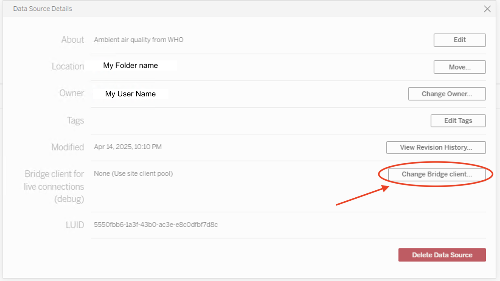 Tableau data source details dialog