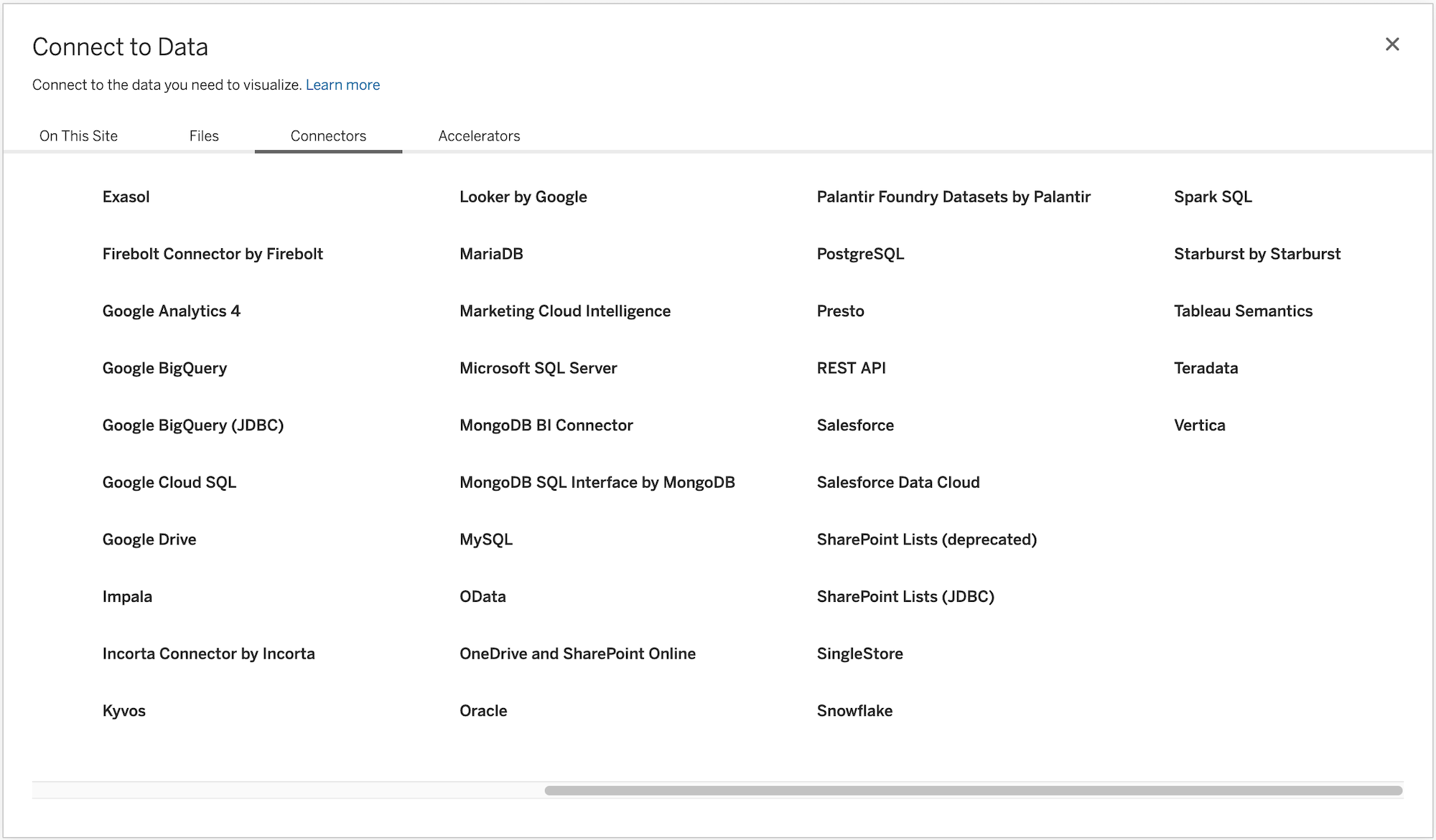 Tableau Cloud Connect to Data dialog showing the Connectors tab with PostgreSQL available