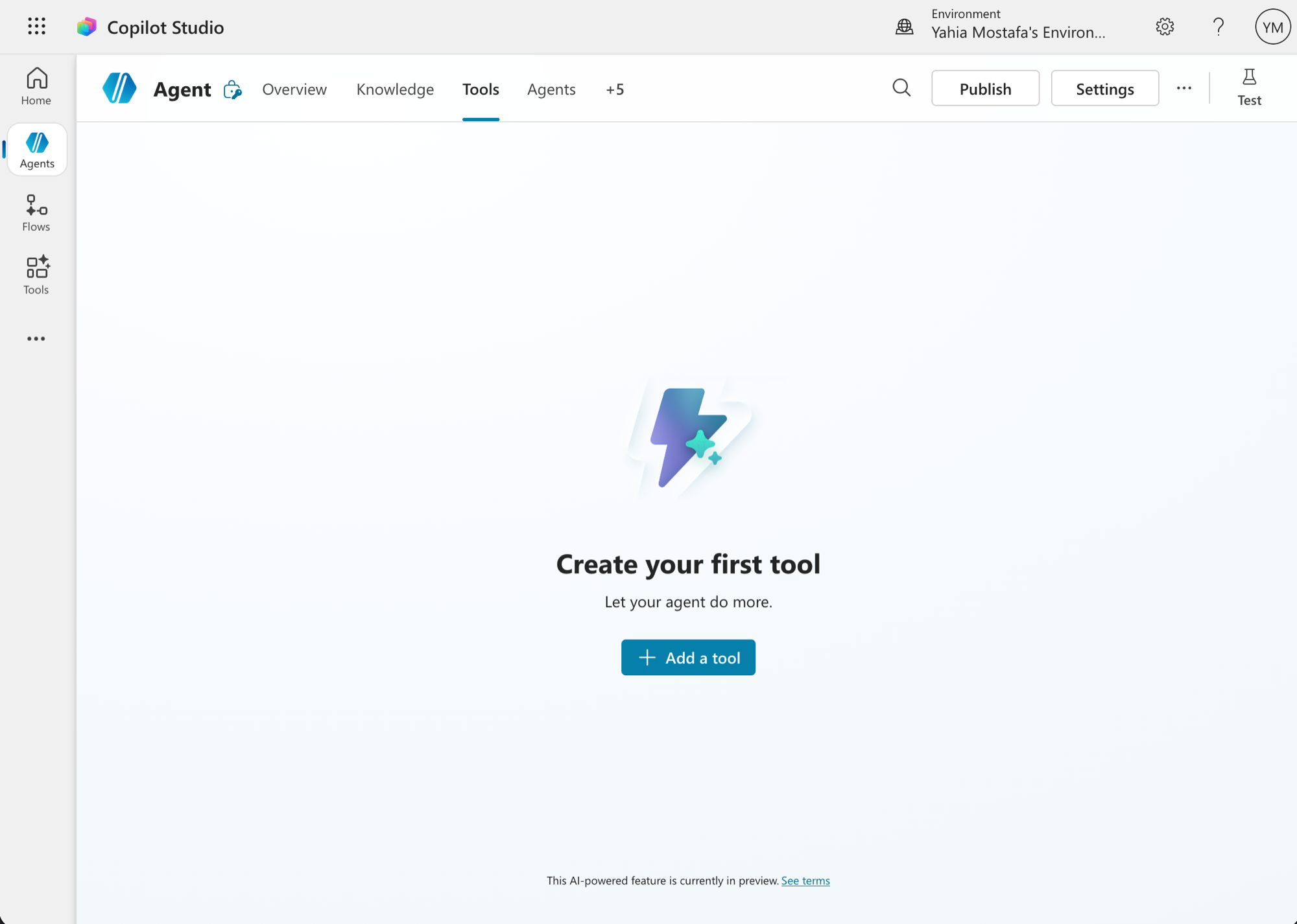 Copilot Studio agent Tools tab with Add a tool button