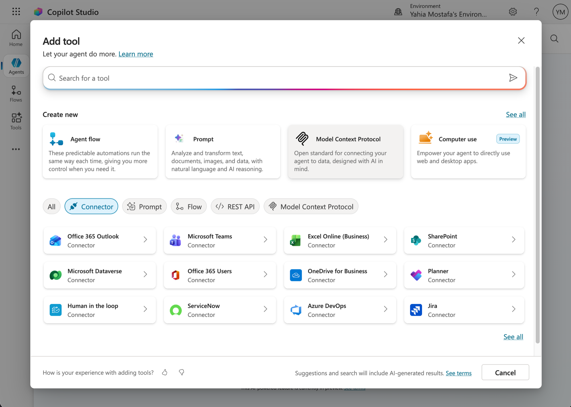 Add tool dialog with Model Context Protocol highlighted under Create new