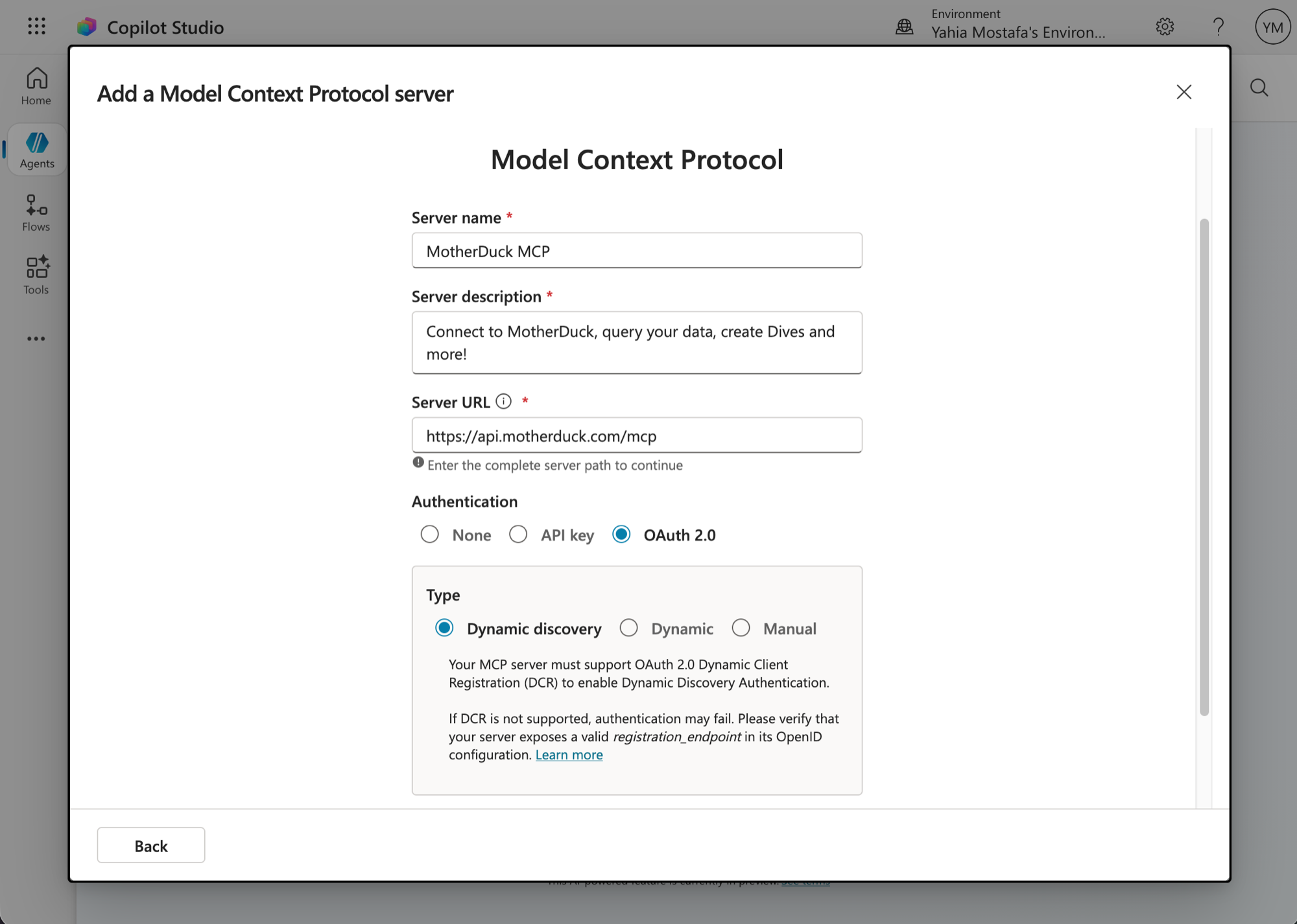 MCP server configuration with OAuth 2.0 Dynamic discovery selected