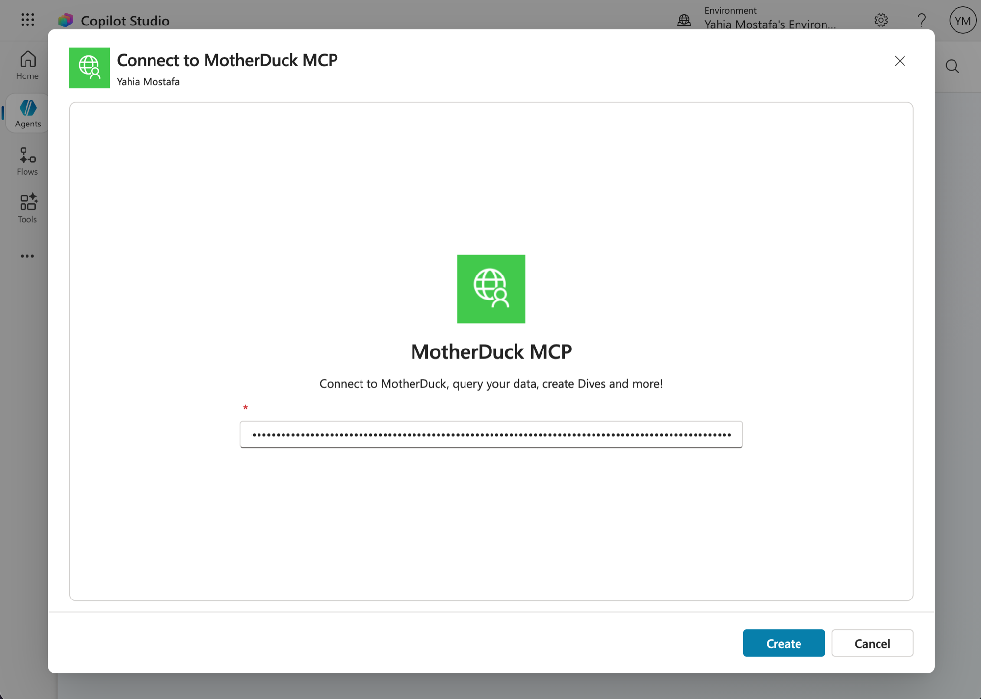 Connect to MotherDuck MCP dialog with the Bearer token entered