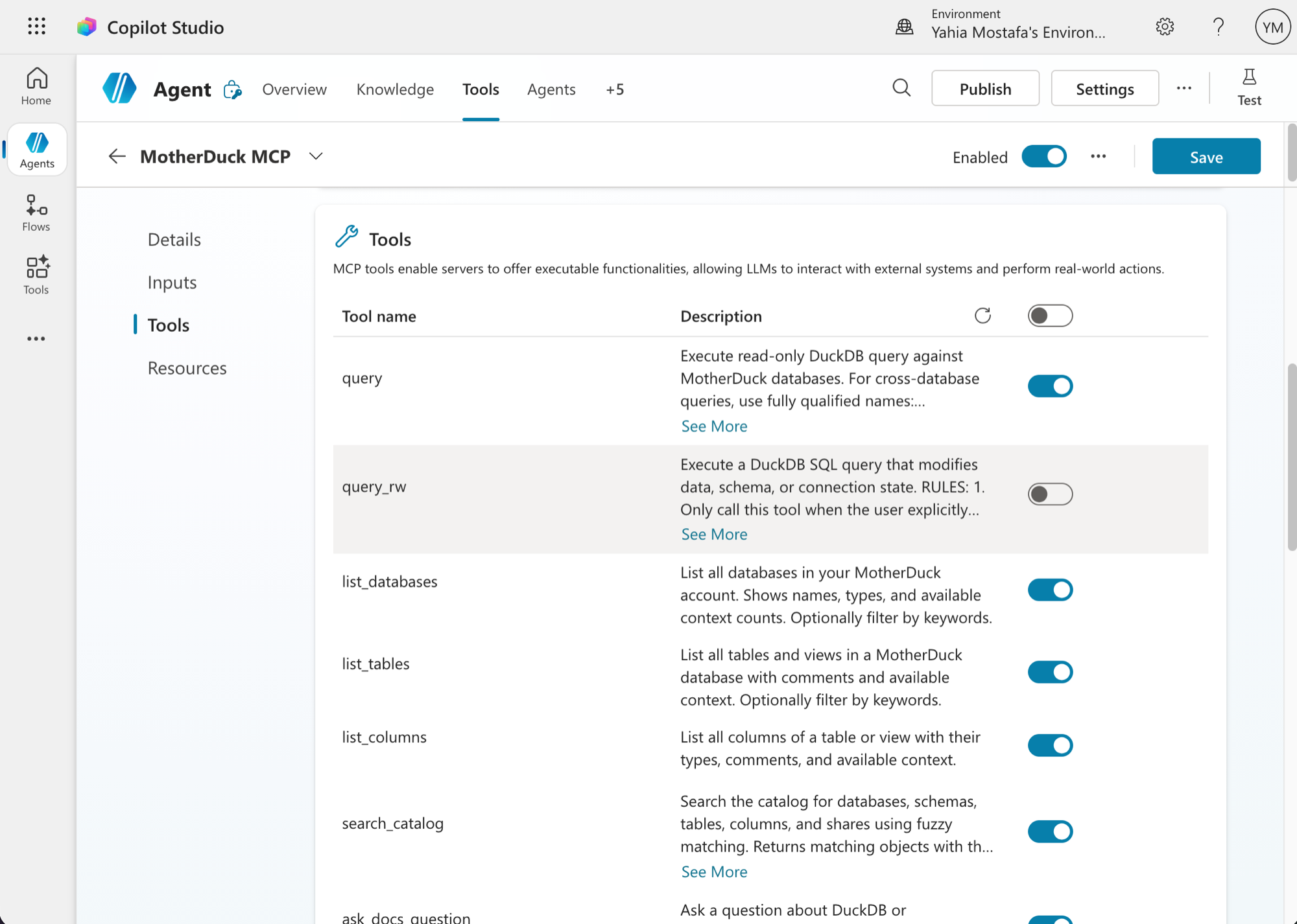 MotherDuck MCP tool list in Copilot Studio with query_rw toggled off
