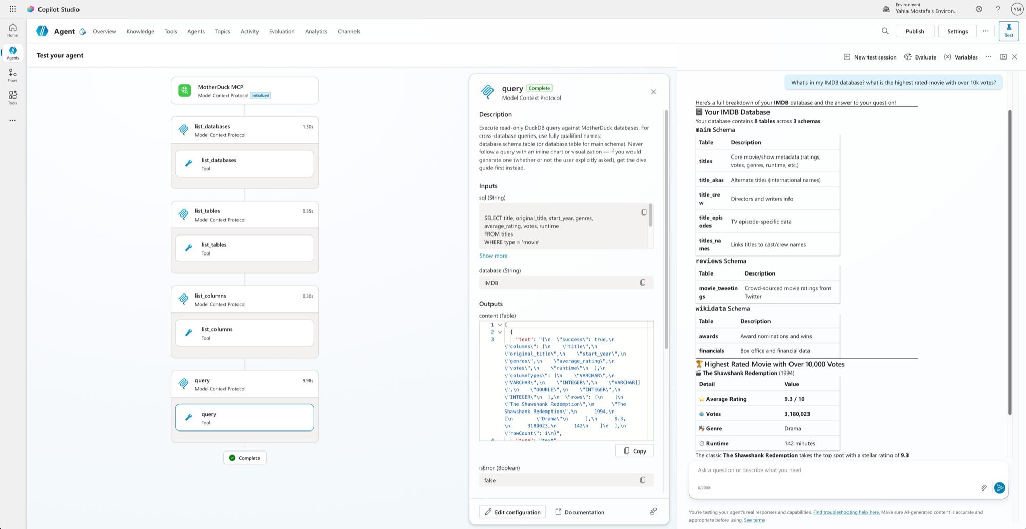 Copilot Studio test pane showing the agent calling the query tool and returning IMDb results from MotherDuck